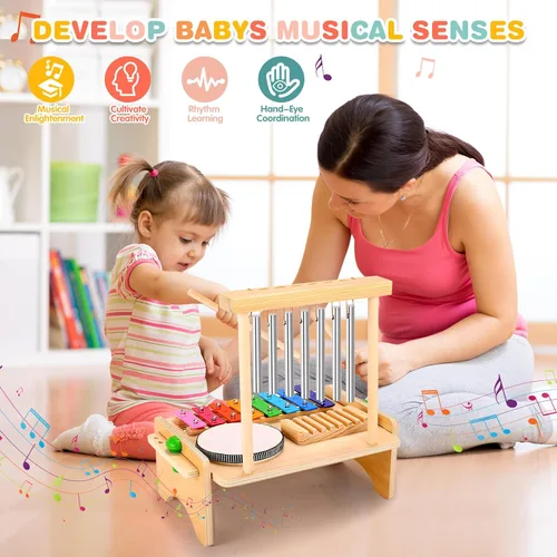 Miniatura 3 de Juego de batería para niños pequeños, juguetes de instrumentos musicales Montessori, juego de batería para niños pequeños, xilófono de madera