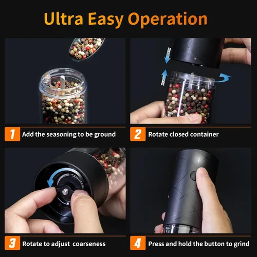Miniatura 7 de Lidaop - Juego de 2 molinillos eléctricos de sal y pimienta recargable por USB con luz LED cálida, grosor ajustable, gran capacidad, molinillo
