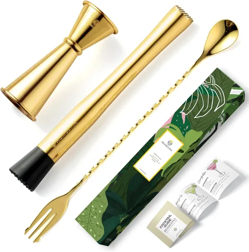 Homestia Muddler - Juego de 3 piezas de acero inoxidable 304 de 10 pulgadas y cuchara de cóctel de 12 pulgadas y doble jigger, juego de cóctel de 3