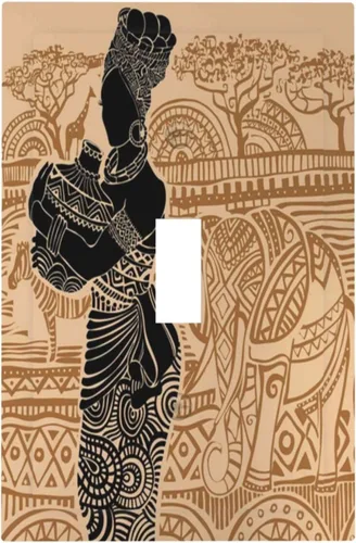 Miniatura 2 de Cubierta de Interruptor de Pared de Una Sola Gangua con Motivo de Mujer Africana, Zebra y Elefantes, Placa Decorativa para Toma Eléctrica