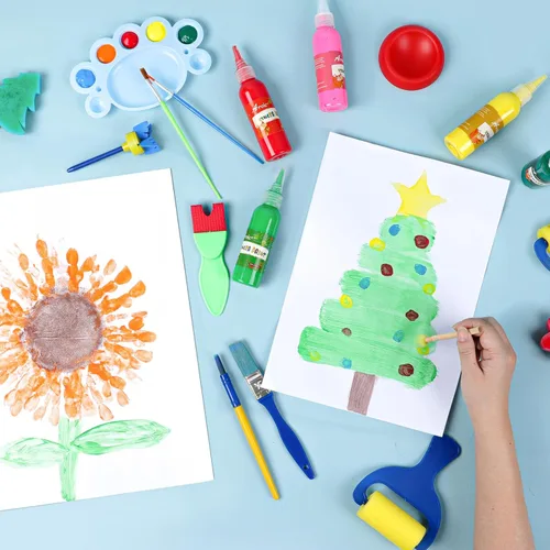 Miniatura 6 de Juego de 64 pinturas lavables, 12 colores no tóxicas para dedos con esponjas, pinceles de pintura, bata de pintura impermeable, paletas, tarjetas