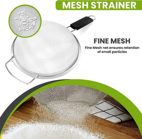 Miniatura 6 de Colador grande de malla extrafina de 9 pulgadas con mango de goma termoplástica - Tamiz de malla fina de acero inoxidable - Ideal para colar pasta