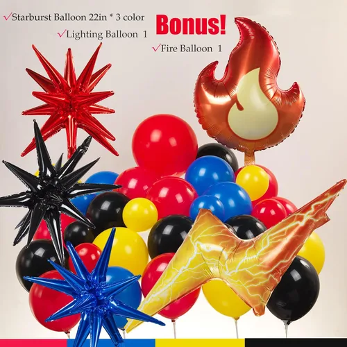 Miniatura 4 de Kit de guirnalda de globos rojos, amarillos, azules y negros de 130 piezas con globos de mylar con destello de rayo de fuego Starburst para Amarillo