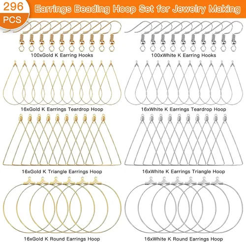 Miniatura 2 de Juego de 96 aretes de aro con cuentas para hacer joyas, aretes triangulares, lágrimas, redondos, con 200 ganchos para aretes, aros y alambres