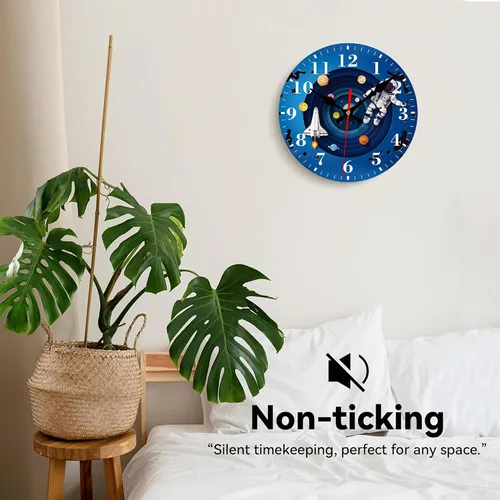 Miniatura 4 de Reloj de pared, astronauta y planetas espaciales, silencioso, sin tictac, funciona con pilas, redondo, decorativo, para interiores y exteriores