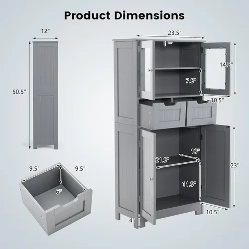 Miniatura 3 de COSTWAY Armario de almacenamiento de baño, organizador de baño independiente con puertas de vidrio, 2 cajones y 2 estantes ajustables, armario alto