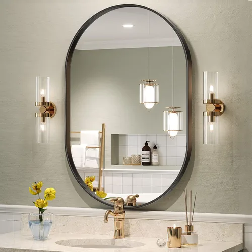 Brightify - Espejo ovalado negro para tocador de baño de 20x30 pulgadas, espejos de baño negros mate para pared con marco de metal, espejo montado