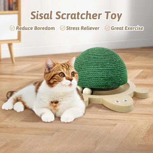 Miniatura 2 de Fhiny Pelota rascador para gatos, juguete rascador de sisal natural con pista de rodillos y base de madera con forma de tortuga para gatos de Verde