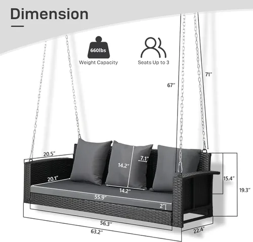 Miniatura 3 de Outvita Banco colgante de porche para 2 personas, banco de mimbre para exteriores con cojín y almohada para patio, jardín, soporta hasta 800 libras