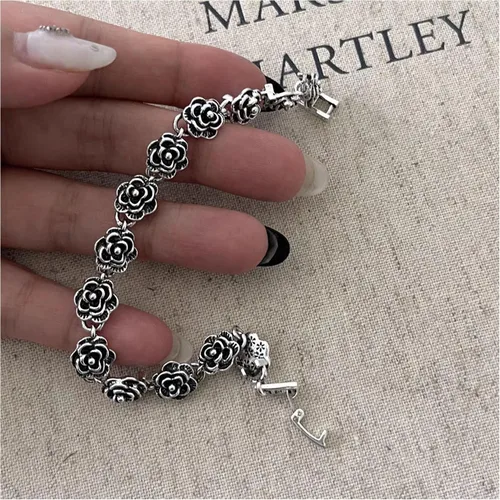 Miniatura 3 de Pulsera de flores de plata vintage para mujer, pulsera de flores de rosa, pulsera gótica de rosas para mujer
