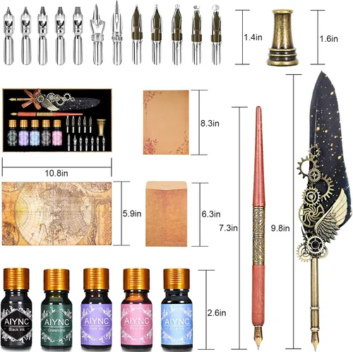Miniatura 2 de Pluma de Caña, Juego de Pluma de Caña con Tinta Incluyendo Pluma Mecánica y Pluma de Inmersión de Madera, 5 Colores de Tinta, 12 Plumillas de Negro