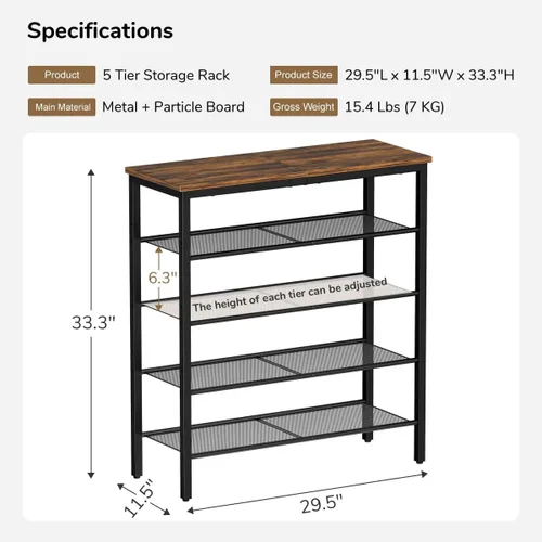 Miniatura 3 de Zapatero organizador de 5 niveles con 4 estantes de malla metálica para 15-20 pares, zapateros de pie independiente, para entrada, pasillo, armario