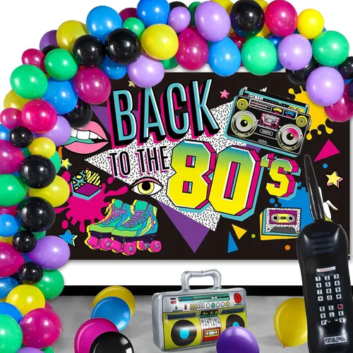 Breling Decoraciones de fiesta de los años 80 y 90: paquete temático de música retro con boombox inflable y teléfono móvil, telón de fondo, 55