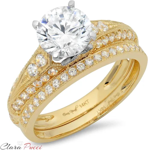 Miniatura 8 de Clara Pucci Juego de anillos de compromiso de boda de 210 quilates con diamantes de imitación de corte redondo y circonita cúbica de oro blanco