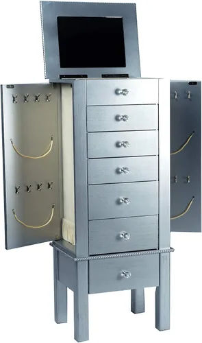 Miniatura 4 de Hives and Honey Kimberly Jewelry Armoire Moderno organizador de almacenamiento plateado con cajones divididos y ganchos para collares, diseño