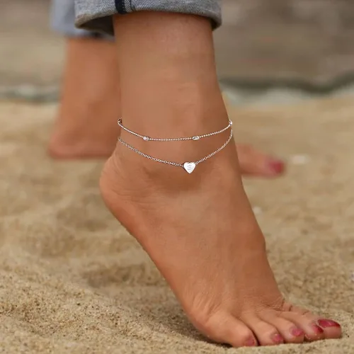 Miniatura 4 de Moodear Tobilleras de plata para mujer Tobilleras impermeables de plata de ley en capas delicadas con dije inicial de corazón A-Z para ella