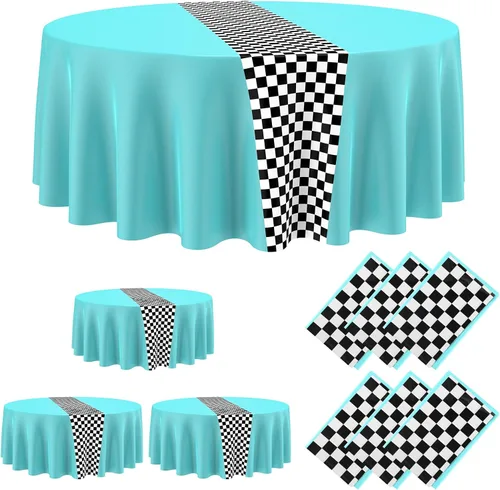 Miniatura 19 de Oudain 3 piezas de suministros para fiesta de cumpleaños de autos, decoraciones para fiestas de carreras, mantel redondo de carreras con bandera a