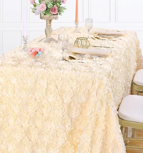 Miniatura 13 de QueenDream Mantel de roseta dorada de 90 x 132 pulgadas, mantel floral rústico para bodas, fiestas de cumpleaños, eventos y decoración