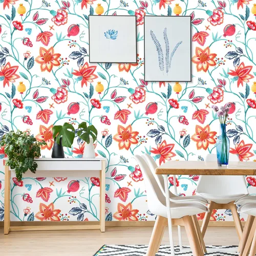 Miniatura 3 de VaryStyle Papel tapiz floral rojo naranja para despegar y pegar, bohemio, 17.7 x 118 pulgadas, papel de contacto con flores de bosque tropical