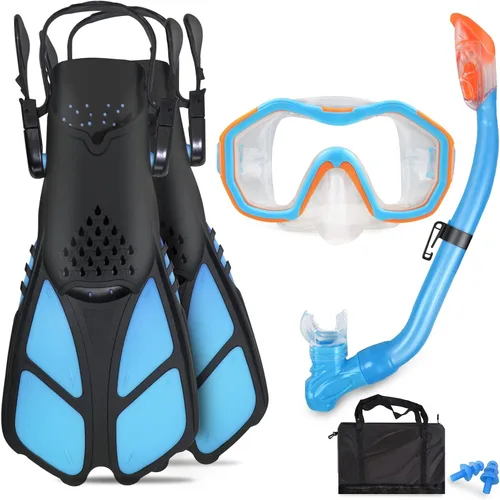 Miniatura 14 de Juego de esnórquel para niños – Aletas ajustables + máscara de esnórquel panorámica + tubo de esnórquel seco + bolsas de viaje – Adecuado para niños