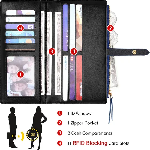 Miniatura 14 de Billeteras delgadas para mujer, tarjetero RFID plegable con bolsillo con cremallera, Mandala azul, Delgado