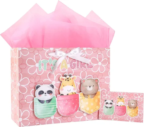 Loveinside Bolsa de regalo para niña con diseño de animales rosados con papel de seda y tarjeta de felicitación para baby shower, nuevos padres y