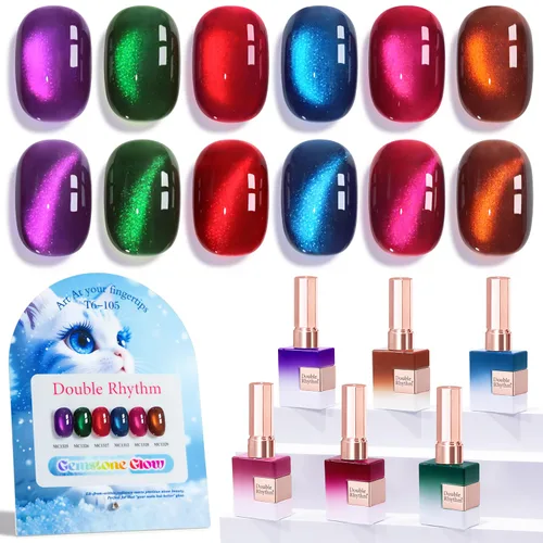 Miniatura 15 de Double Rhythm - Juego de esmalte de uñas de gel ojo de gato de 6 unidades, mismo color, misma botella, 14.8 ml, brillo con glitter, con imán