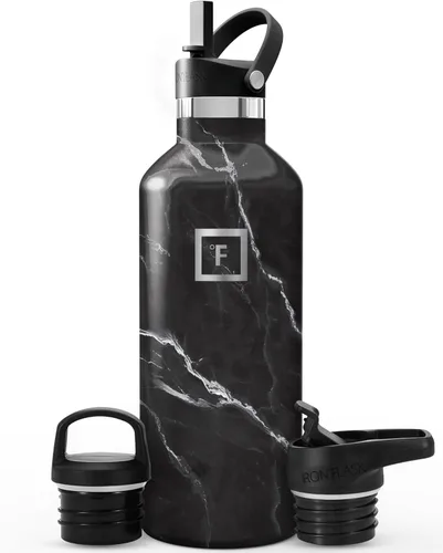 IRON °FLASK Botellas de agua de campamento/senderismo, 3 tapas (estrecha con popote), sin fugas, aisladas al vacío, acero inoxidable de doble pared,