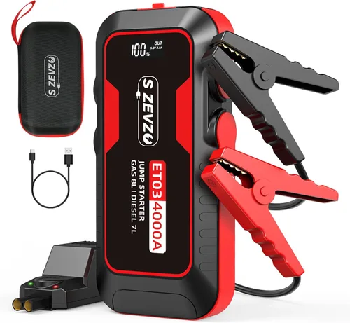 S ZEVZO ET03 Arrancador de Coche 4000 A, Paquete de Batería de Arranque de 4000 A para Motores de Gasolina de hasta 8.0 L y Diésel de 7.0 L, Caja de