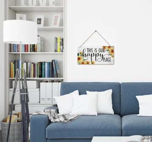 Miniatura 5 de Letrero decorativo de madera con temática de girasol, «This Is Our Happy Place», decoración de placa de madera impresa para colgar, letrero rústico