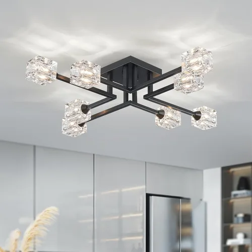 Miniatura 22 de XINGQI Lámpara de techo moderna de 6 luces, lámpara de montaje semiempotrado Sputnik, lámparas de araña doradas en negro para recámara, comedor
