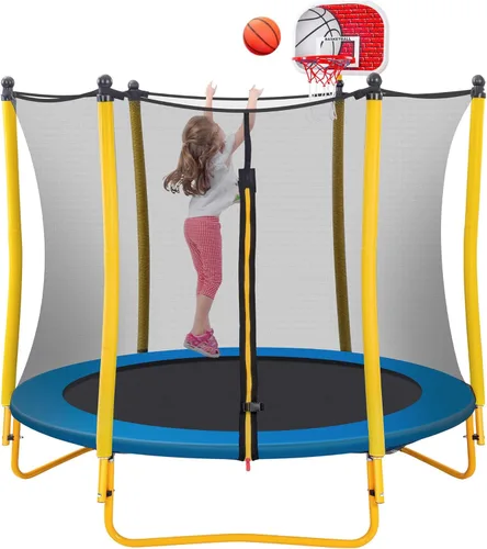 Merax Trampolín de 66 pulgadas para niños con aro de baloncesto, bola de goma y red de recinto, mini trampolín pequeño de 5.5 pies para interiores y