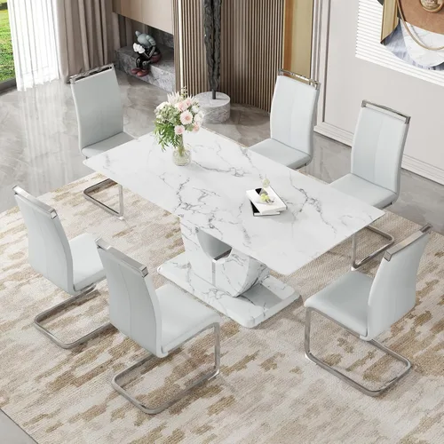 Miniatura 35 de Juego de 6 sillas de mesa de comedor para 6, juego de 6, moderno juego de comedor con mesa de comedor de mármol de 63 pulgadas, sillas tapizadas