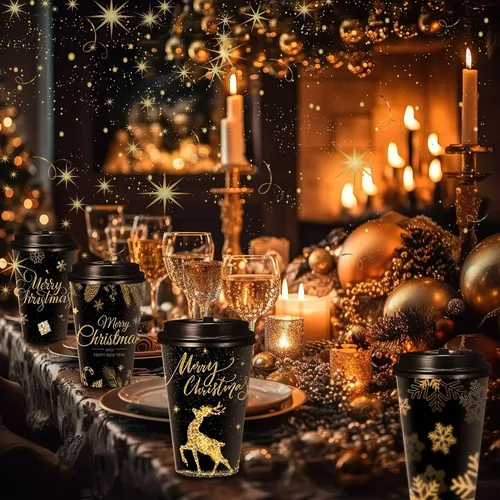 Miniatura 4 de Uiifan Paquete de 50 Tazas de Café Navideñas de 16 oz a Granel Negras Doradas con Copos de Nieve Tazas Desechables Tazas de Papel Feliz Navidad