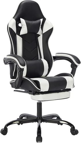 Miniatura 13 de Silla ergonómica de cuero para juegos con reposapiés, cómoda silla de juegos beige con cómodo reposacabezas y soporte lumbar para adultos, niños