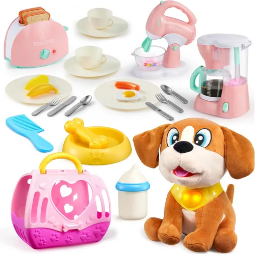 JOYIN Juguetes de cocina y juguetes de peluche para perros para niños, juego de aparatos de cocina de simulación con cafetera, mezclador, tostadora,