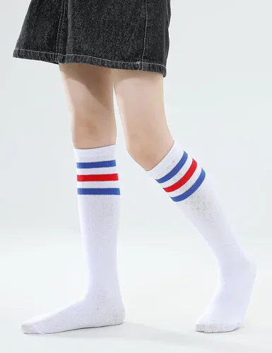 Miniatura 20 de TOCONFFON Calcetines de tubo hasta la rodilla para niños, niñas y adolescentes, calcetines deportivos de algodón para la escuela de fútbol, uniforme
