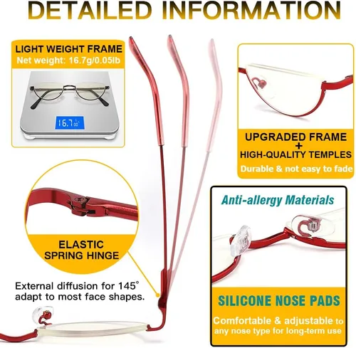 Miniatura 3 de touk Half Frame Reading Glasses Anti Blue Light UV Filter, Half Moon Lens Semi Rim Spring Hinge Readers with Case for Women