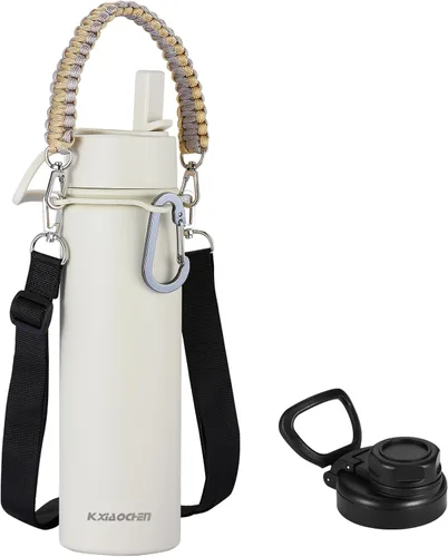 Miniatura 14 de KXIAOCHEN Botella de agua aislada, botella de agua de acero inoxidable, 2 tapas (con pajilla y tapa con asa), botellas de agua metálicas de boca
