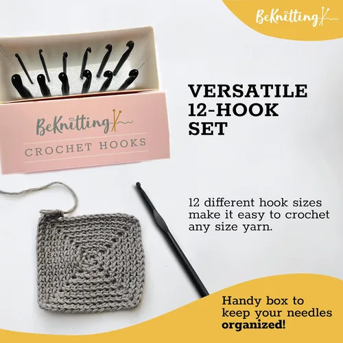 Miniatura 2 de BeKnitting Juego de 12 ganchos de ganchillo y agujas para principiantes, adultos y niños, aluminio negro de alta calidad, regalos navideños, caja
