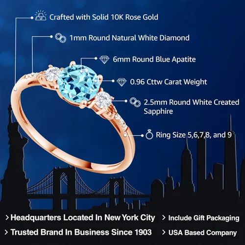 Miniatura 59 de Gem Stone King Anillo de compromiso de 3 piedras preciosas redondas de oro rosa de 10 quilates, 0.236 in, piedra natal, zafiro blanco y diamante