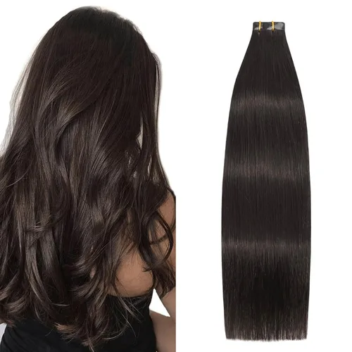 Extensiones de cabello humano adhesivas, sedosas y lacias, 100% Remy, color marrón oscuro, para mujeres, 20 unidades por paquete (14 pulgadas, #2,