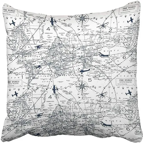 SPXUBZ Funda de almohada vintage simple con estampado de mapa de aviación mundial en blanco y negro, decoración del hogar, bonito regalo, funda