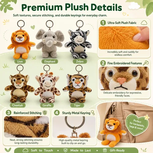 Miniatura 7 de Tezituor Paquete de 6 Pequeños Animales de Peluche a Granel Juguetes de Peluche, Mini Llaveros de Animales de Peluche Lindos de 6" para Niños, Mini