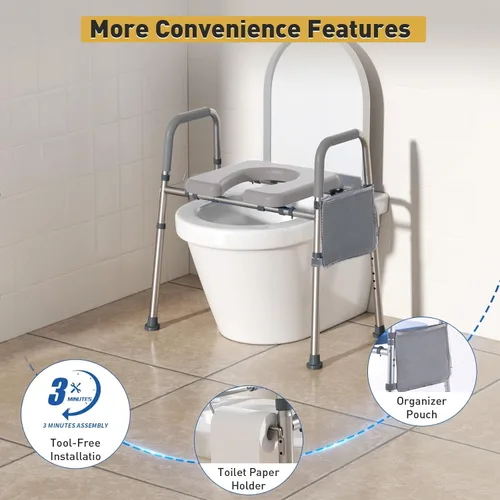 Miniatura 7 de WHLICKS Asiento elevado para inodoro con asas – Asiento elevado de ancho ajustable, cómodos elevadores de asiento de inodoro acolchados para Gris