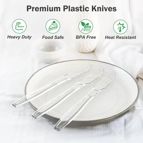 Miniatura 3 de Dealusy 300 unidades de cuchillos de plástico transparente extra resistentes desechables, libres de BPA, resistentes al calor, cuchillos desechables