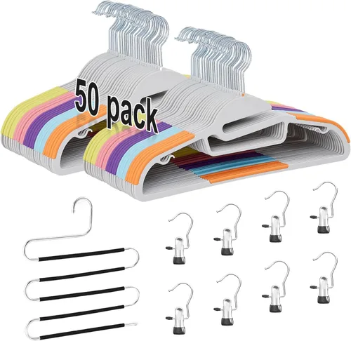 Miniatura 25 de VECELO Paquete de 50 perchas de plástico, perchas de ropa que ahorran espacio con muescas para los hombros para correas, perchas antideslizantes