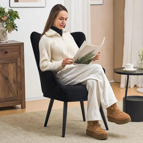 Miniatura 4 de Furniliving Boucle - Silla decorativa para sala de estar, silla de lectura tapizada con respaldo alto, sillón con respaldo alado con botones Negro-2