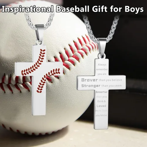 Miniatura 5 de Collar de cruz de béisbol para niños, colgante de cruz de versículo bíblico inspirador de cadena de acero inoxidable de 22 + 2 pulgadas, joyería