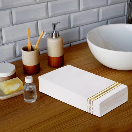 Miniatura 7 de 200 servilletas de papel forradas con borde dorado, elegantes servilletas de cena de 3 capas de papel blanco y dorado, toallas de mano desechables
